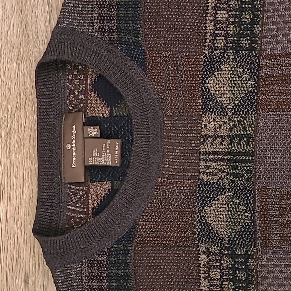 ERMENEGILDO ZEGNA Textured Brown Grey Abstract Wool Blend XXL Mens Sweater VTG